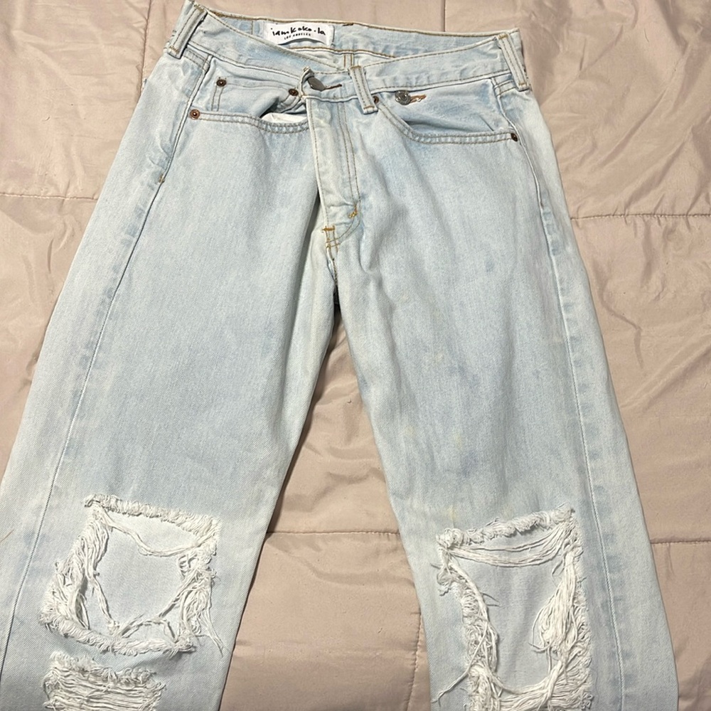 reworked Levi’s boyfriend jeans with overlapping front